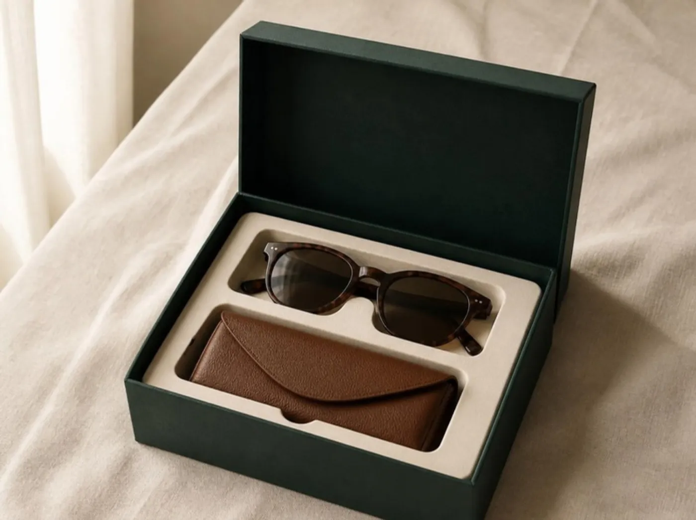 sunglasses and a leather case held in a fibre insert inside a green box