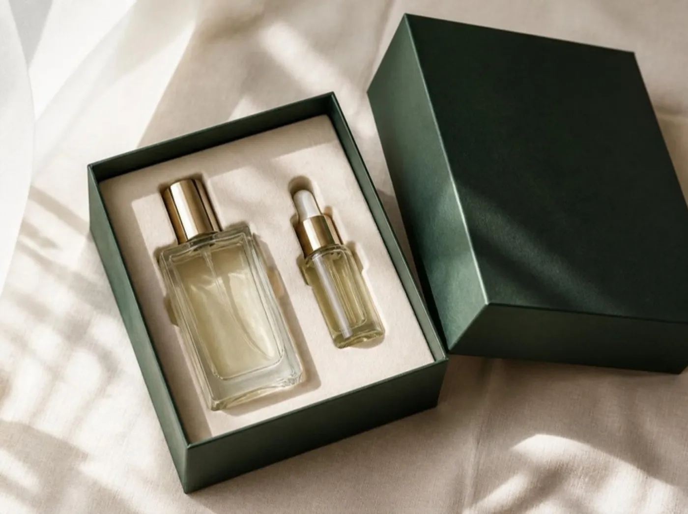 a perfume bottle and a serum dropper held in a fibre insert inside an open green rigid box