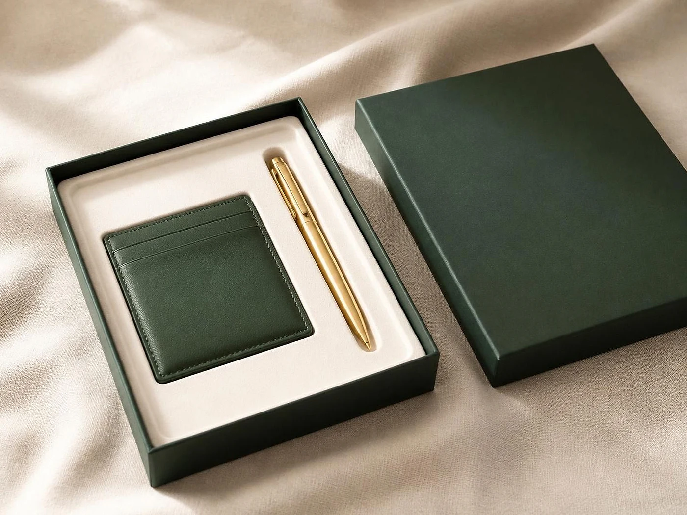 A green leather card holder and a gold pen held in a two-cavity fibre insert inside a green gift box