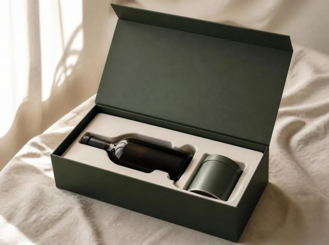 a sealed wine bottle and a sealed tea tin in a fibre insert inside a book-style green box