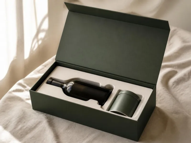 An open book-style forest-green box with a hinged lid, holding a bottle and a tin in a fibre insert