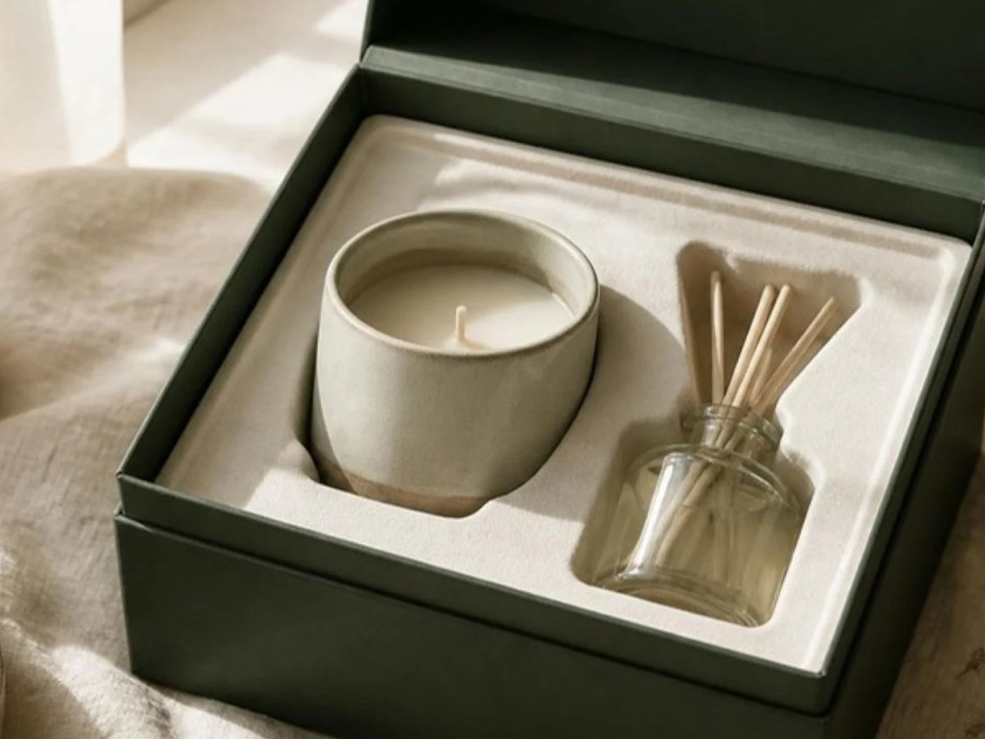 a ceramic candle and a reed diffuser in a fibre insert inside a green box