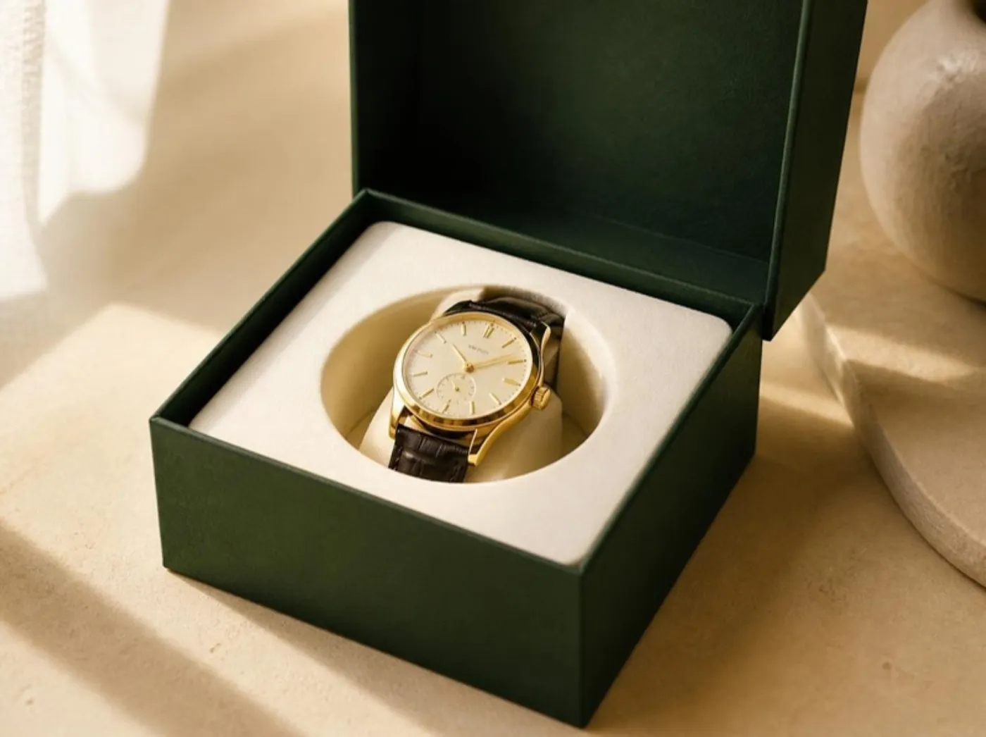 a gold wristwatch cradled in a round fibre cavity inside a green rigid box