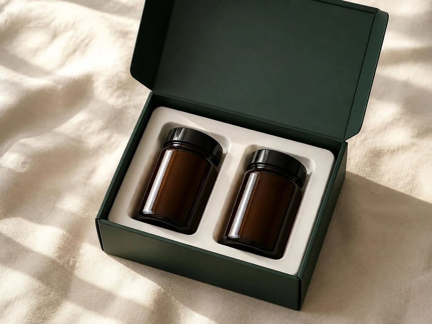 Two sealed amber supplement jars held in a two-cavity fibre insert inside an open green box
