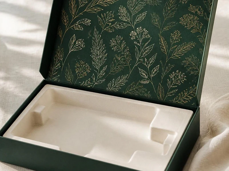 An open green box with a gold botanical pattern printed inside the lid and a fibre insert below