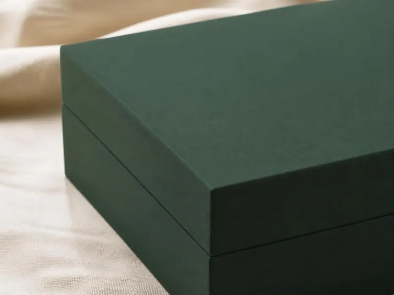The velvety matte corner of a forest-green box with soft-touch lamination