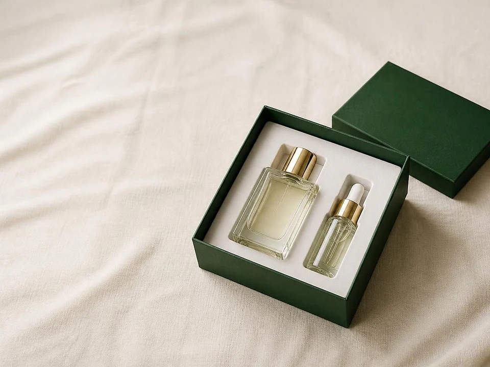 An open forest-green rigid box with a perfume bottle and serum dropper in a fibre insert