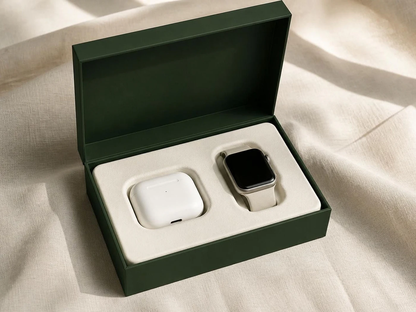 Wireless earbuds in their case and a smartwatch held in a two-cavity fibre insert inside an open green box