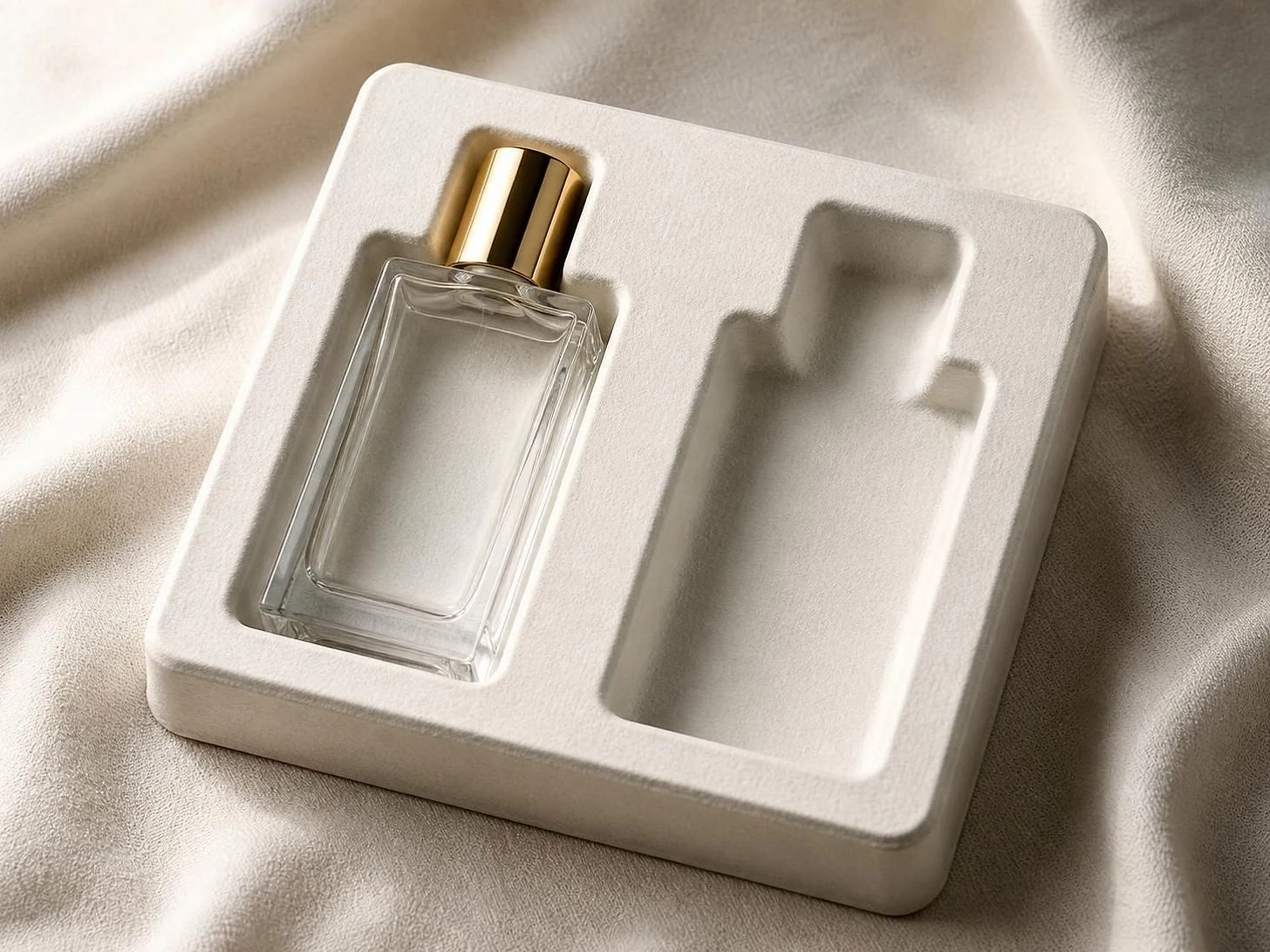 A smooth off-white fibre insert on cream linen, a glass perfume bottle held in one of its two cavities, the other cavity empty