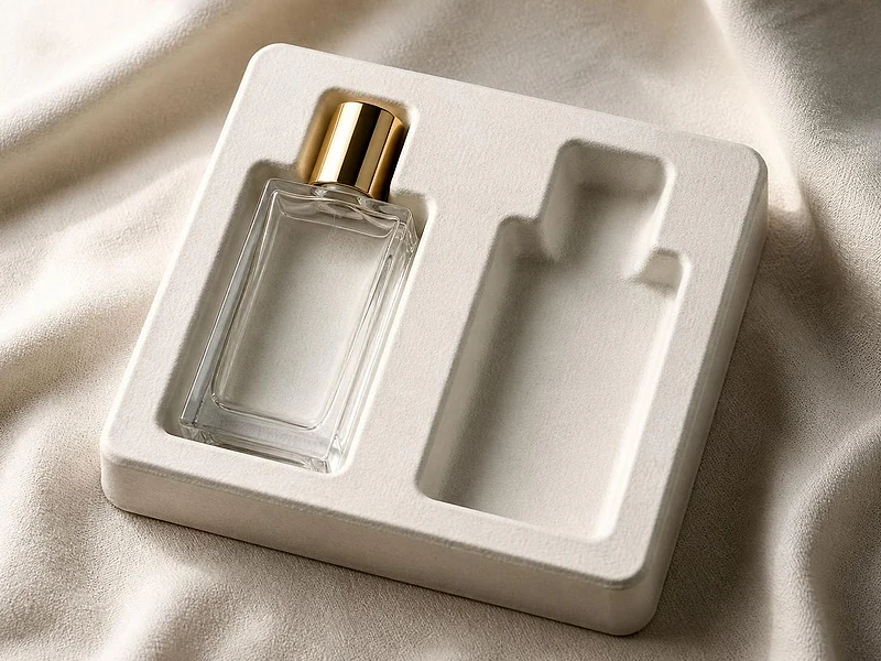A smooth off-white moulded pulp insert holding a perfume bottle