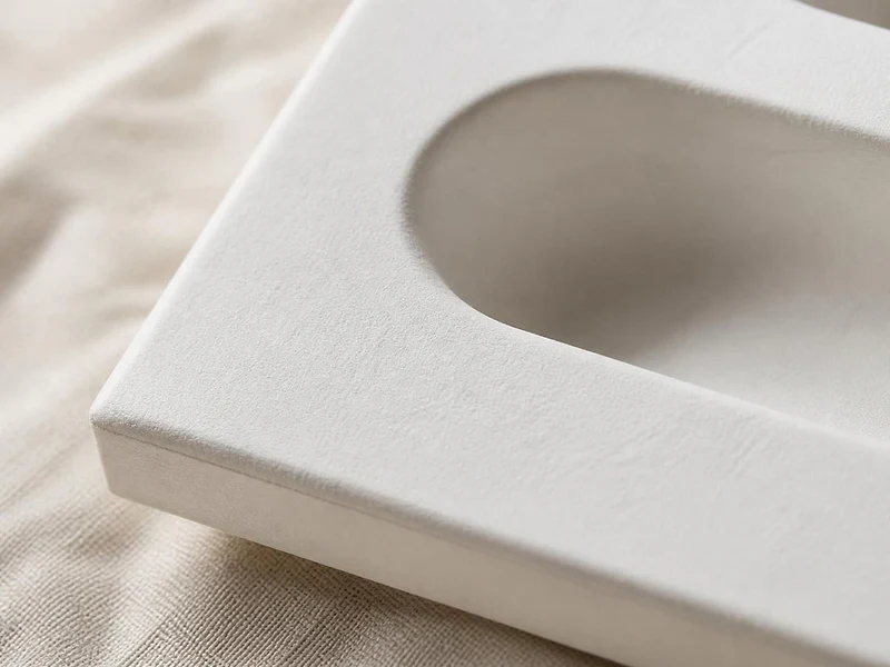 Close-up of a smooth white wet-pressed fibre insert: the edge of a moulded cavity in soft window light