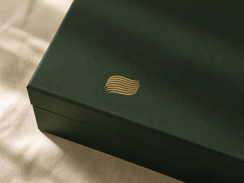 The Celiform mark foil-stamped in gold on a forest-green rigid box