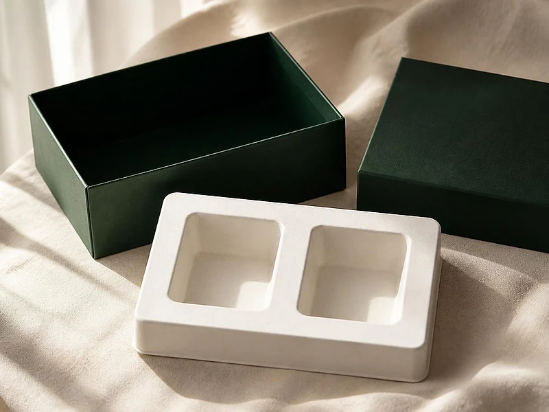 A smooth off-white fibre insert with two cavities, lifted out beside its open green box