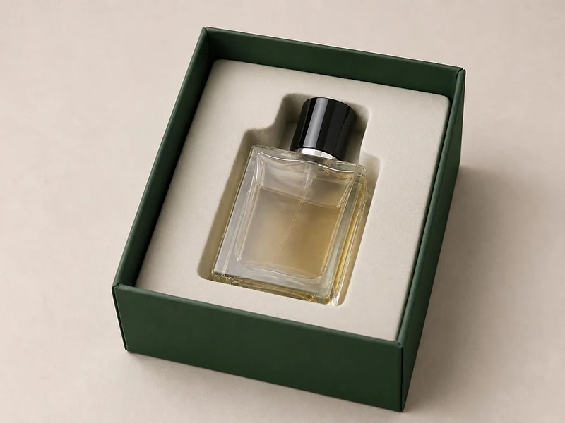 The same perfume bottle held exactly in a smooth off-white moulded fibre insert inside a green rigid box