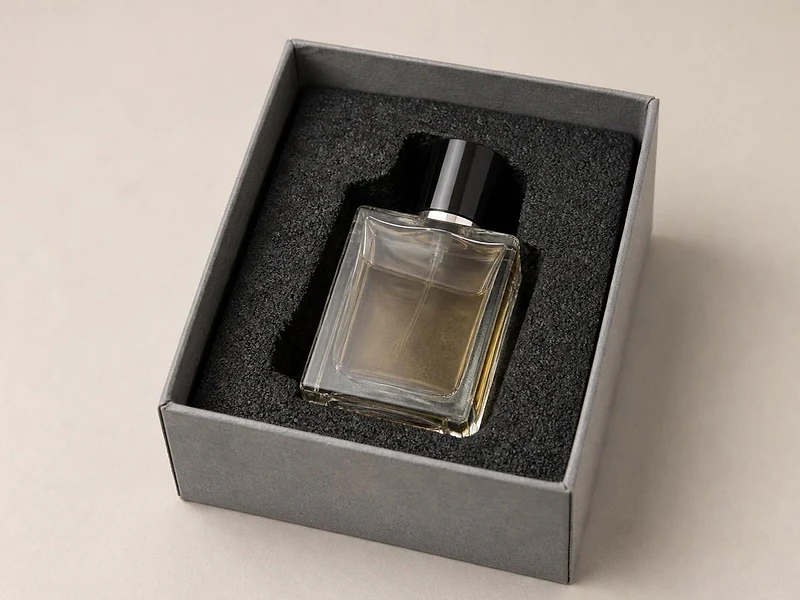 A perfume bottle sitting loosely in a cut black foam insert inside a grey box