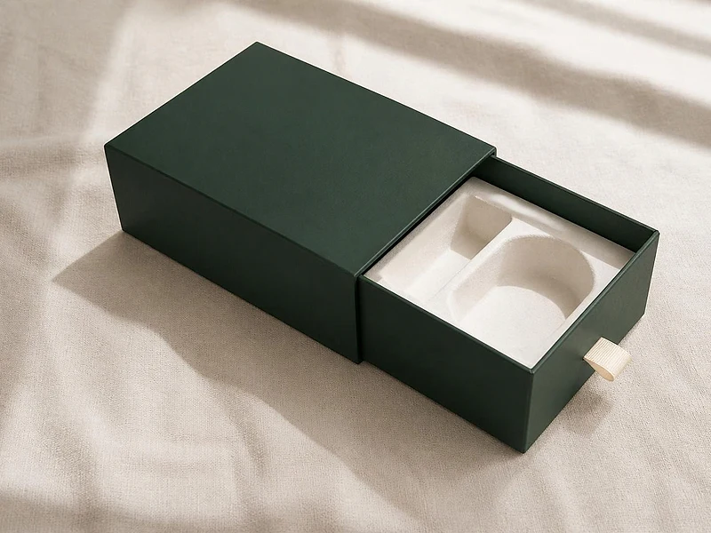 A forest-green drawer box, its drawer pulled out by a ribbon tab to show a two-cavity fibre insert