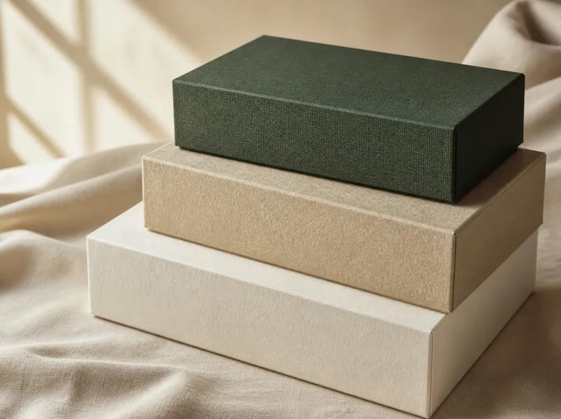 Three rigid boxes stacked, wrapped in textured green, sand and cream papers